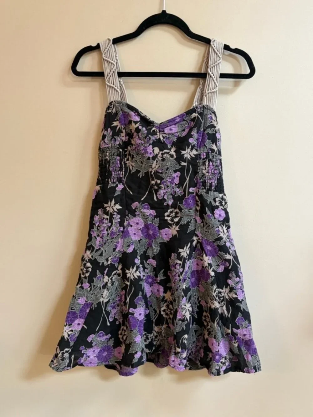 Free People Y2K Vintage Cotton Linen Purple Black Mini Dress Whimsigoth Cottage
